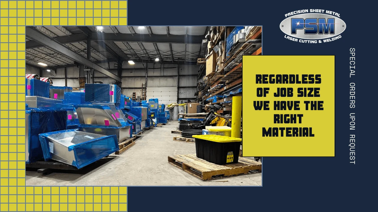 Finished ductwork lined up in the Precision Sheet Metal warehouse: regardless of job size we have the right material